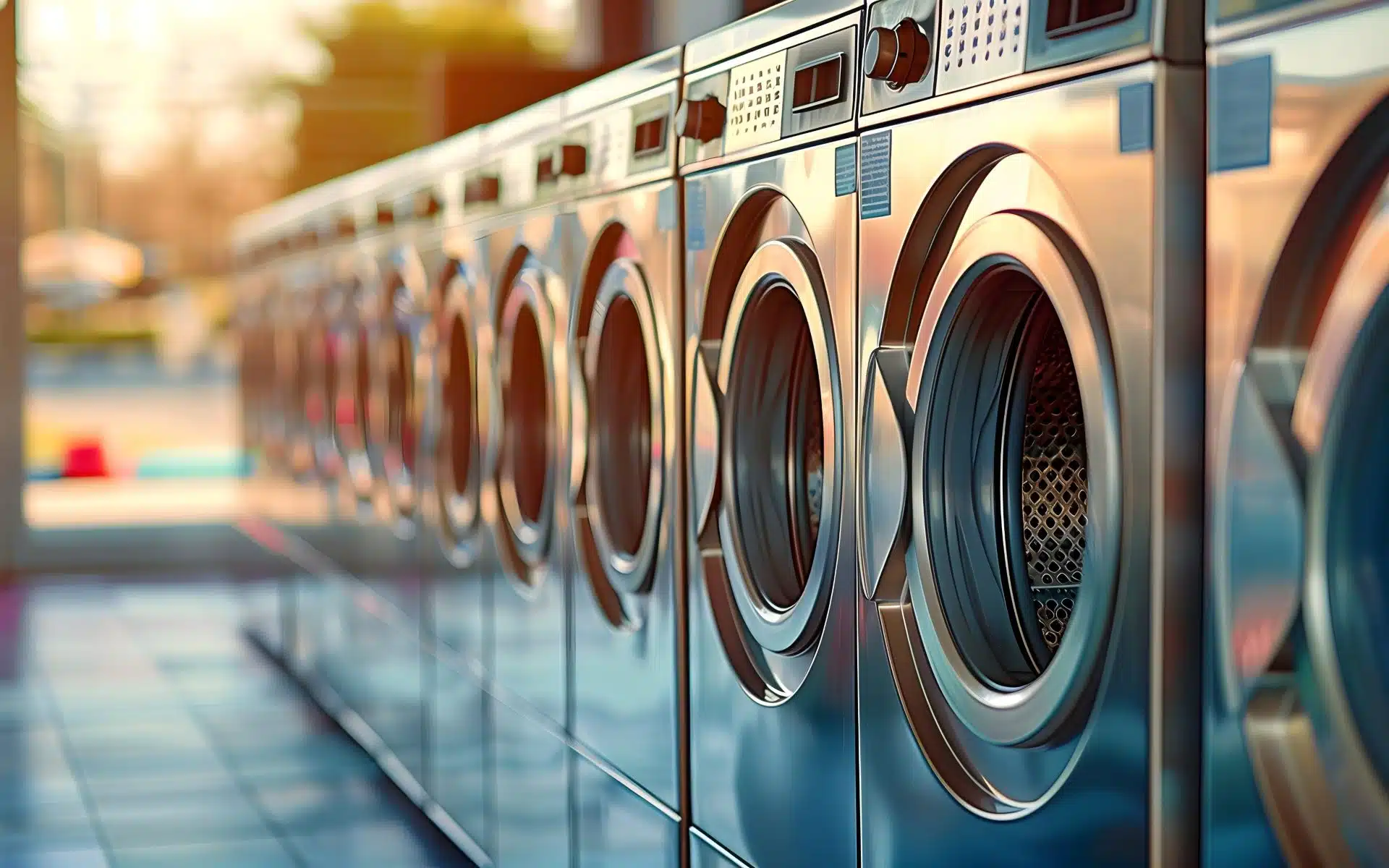 line of washing machines in the sunset