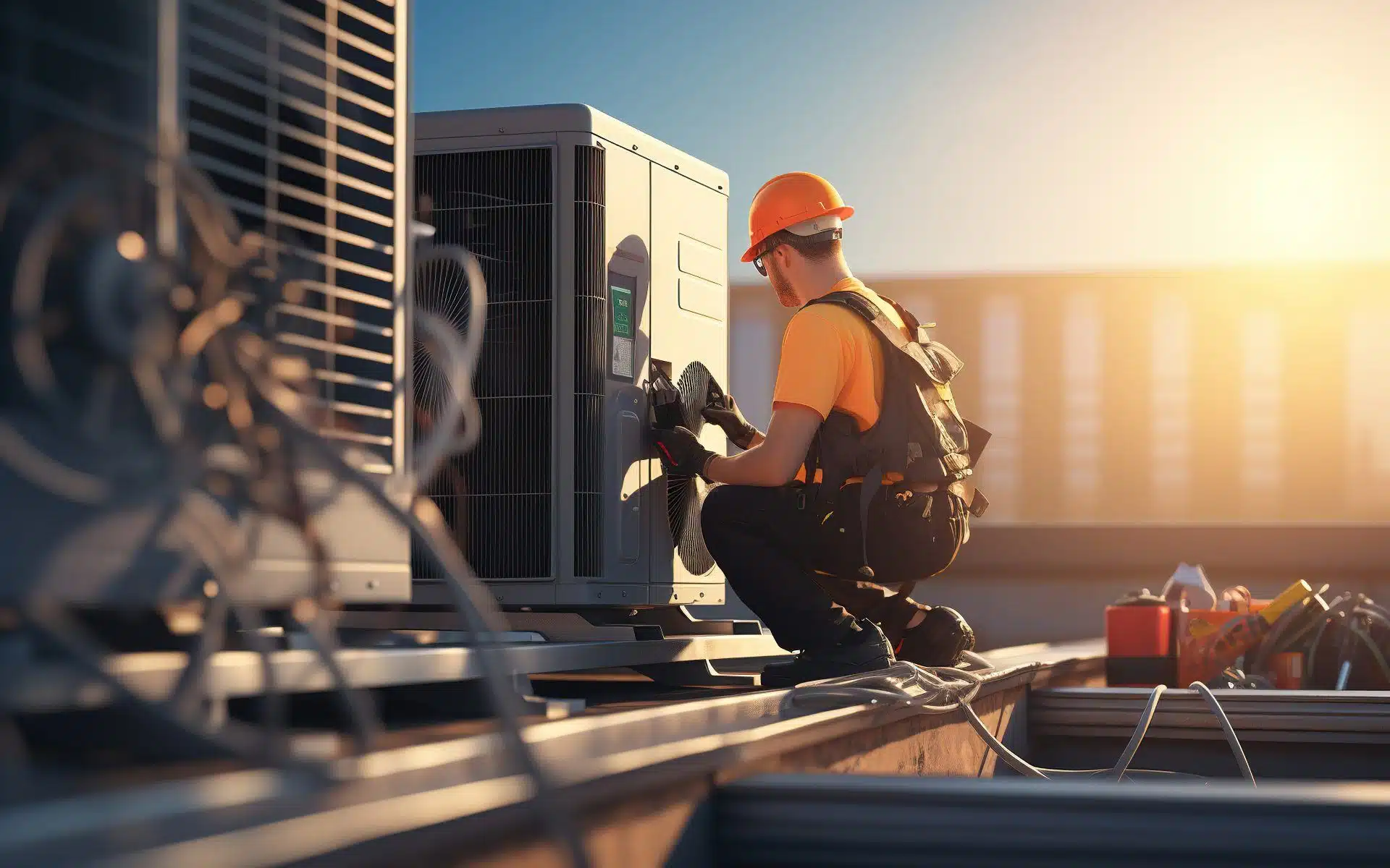 man fixing ac unit on a building roof