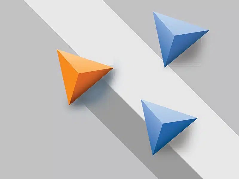 Two blue triangles and one orange triangle pointing to the upper left